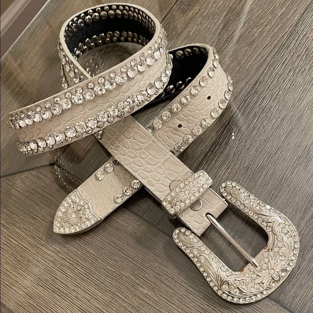 Reptile Embossed Leather Rhinestone Western Belt White Light Grey - SM